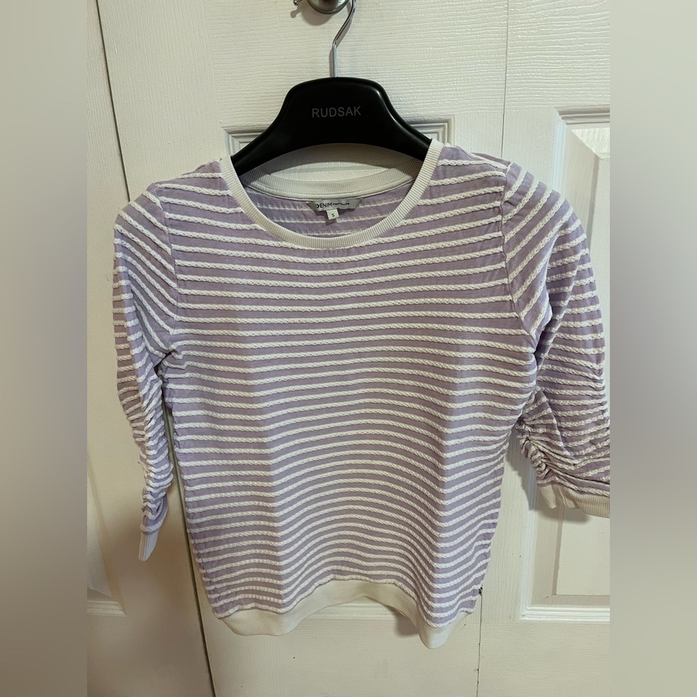 Purple and White Crew Neck Striped Sweater